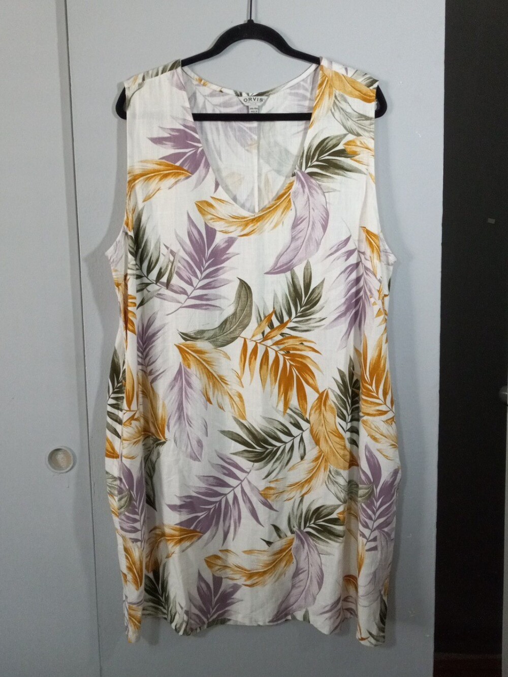 Orvis Cream Tropical Leaf V-Neck Sleeveless Dress Rayon Linen Size XXL